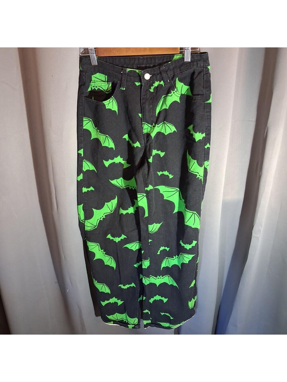 SHEIN Black Jeans with Neon Green Bat Print, Size S (Waist 28)